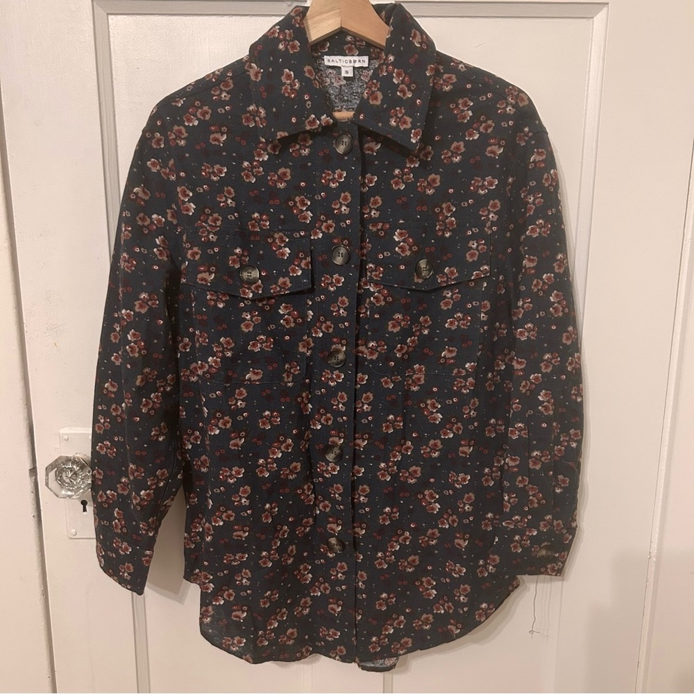 Baltic Born Womens Blue Floral‎ Button Front Shirt Small Long Sleeve 100% Cotton